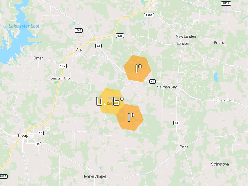 Hail map of Troup, TX on Jun 2, 2026, hail up to 1"