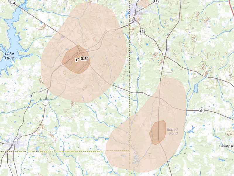 Radar-estimated hail-size map of the storm over Troup, TX on Jul 7, 2026
