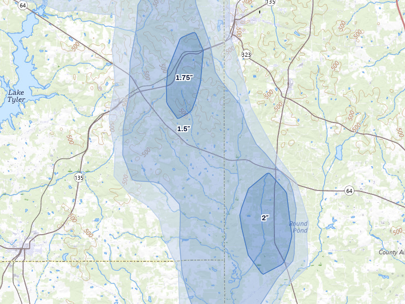 NEXRAD radar-signature map of the hail storm over Troup, TX on Jul 7, 2026