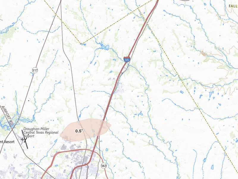Radar-estimated hail-size map of the storm over Troy, TX on Jul 13, 2026