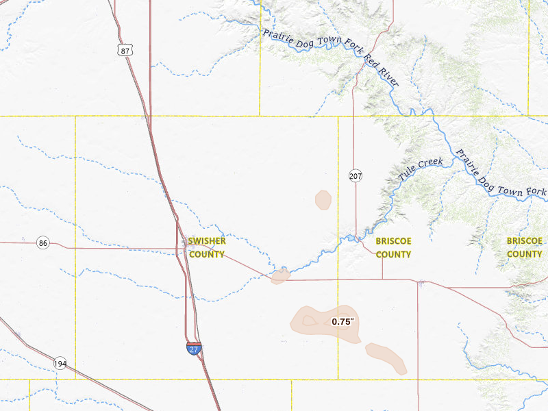 Radar-estimated hail-size map of the storm over Tulia, TX on Jun 18, 2026