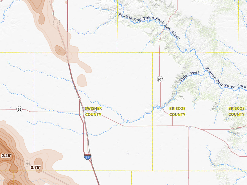 Radar-estimated hail-size map of the storm over Tulia, TX on Jun 23, 2026