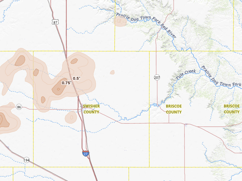Radar-estimated hail-size map of the storm over Tulia, TX on Jun 24, 2026