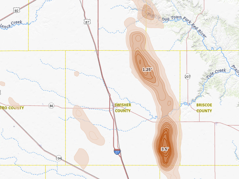 Radar-estimated hail-size map of the storm over Tulia, TX