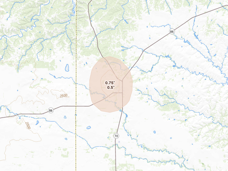 Radar-estimated hail-size map of the storm over Turkey, TX on May 22, 2026