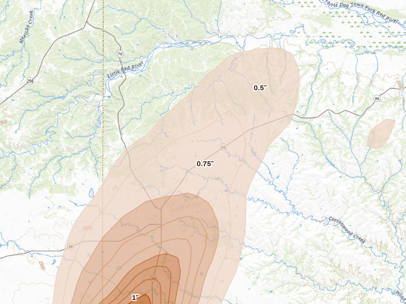 Radar-estimated hail-size map of the storm over Turkey, TX