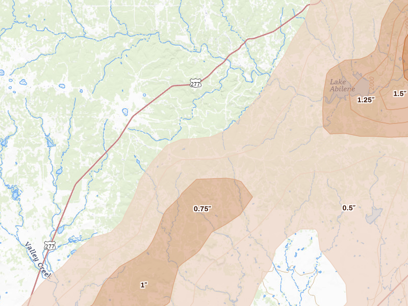 Radar-estimated hail-size map of the storm over Tuscola, TX on Mar 10, 2026