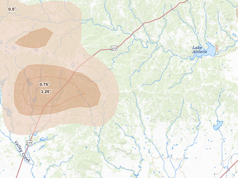 Radar-estimated hail-size map of the storm over Tuscola, TX on Jun 18, 2026