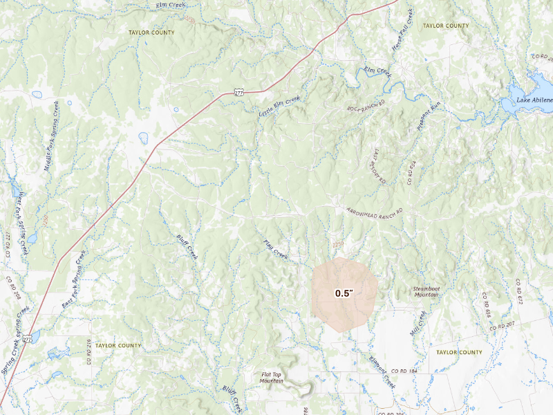 Radar-estimated hail-size map of the storm over Tuscola, TX on Sep 21, 2026