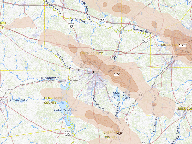 Radar-estimated hail-size map of the storm over Tyler, TX on Mar 15, 2026