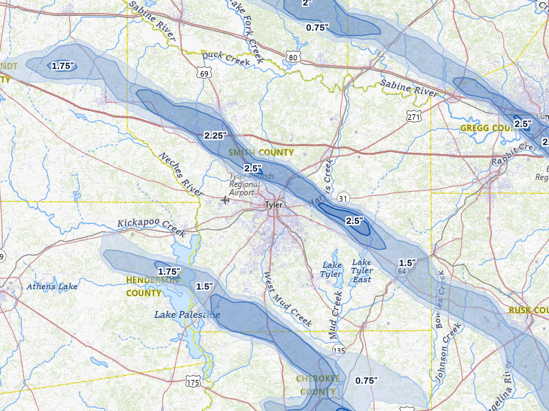 NEXRAD radar-signature map of the hail over Tyler, TX