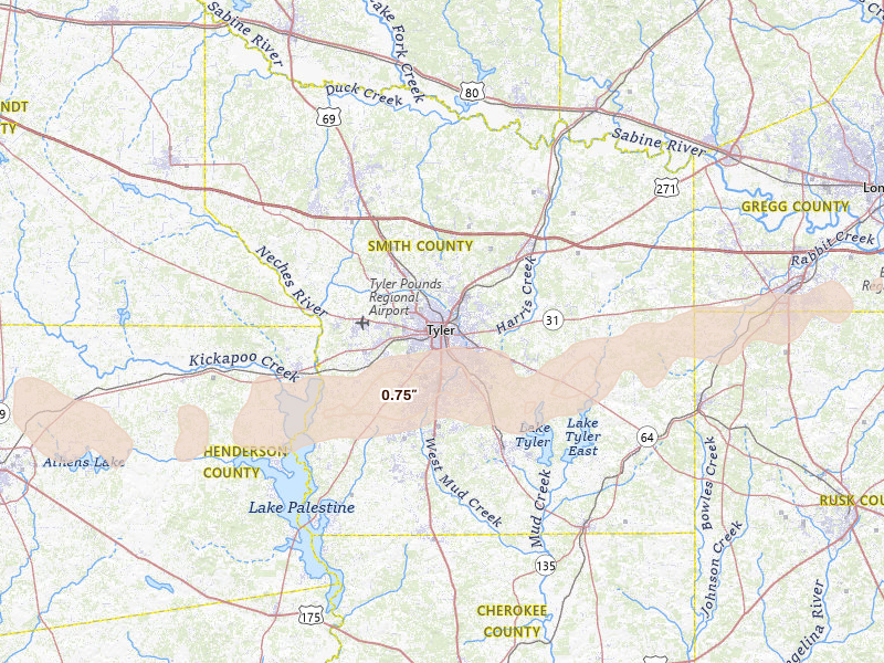 Radar-estimated hail-size map of the storm over Tyler, TX on Apr 18, 2026