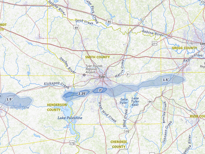 NEXRAD radar-signature map of the hail over Tyler, TX