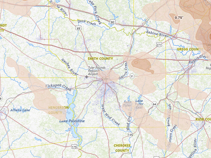 Radar-estimated hail-size map of the storm over Tyler, TX on Apr 24, 2026
