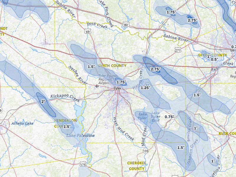 NEXRAD radar-signature map of the hail over Tyler, TX