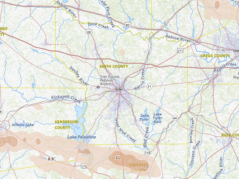 Radar-estimated hail-size map of the storm over Tyler, TX on Apr 29, 2026