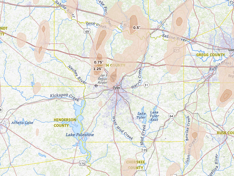 Radar-estimated hail-size map of the storm over Tyler, TX on May 22, 2026