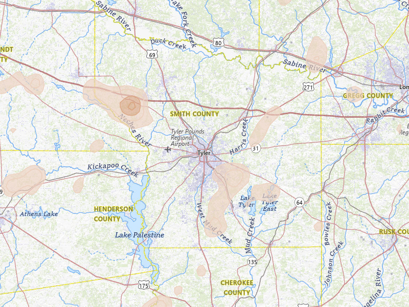 Radar-estimated hail-size map of the storm over Tyler, TX on Jun 2, 2026