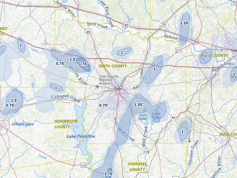 NEXRAD radar-signature map of the hail over Tyler, TX