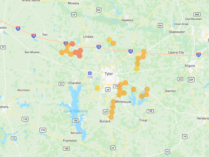Hail map of Tyler, TX on Jun 2, 2026, hail up to 1.75"