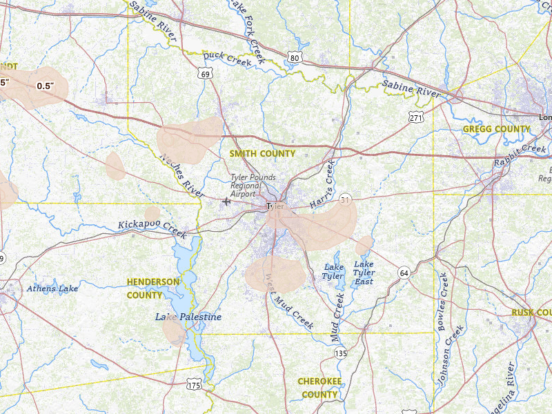 Radar-estimated hail-size map of the storm over Tyler, TX on Jul 5, 2026