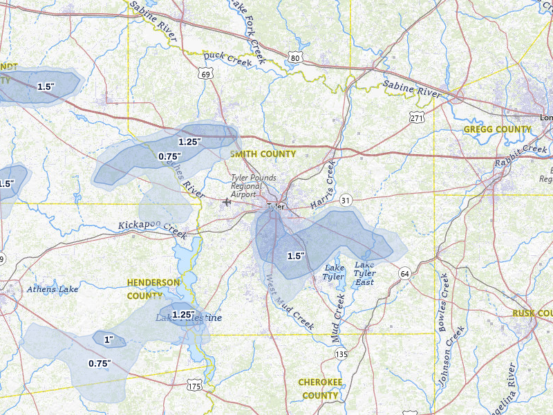 NEXRAD radar-signature map of the hail storm over Tyler, TX on Jul 5, 2026
