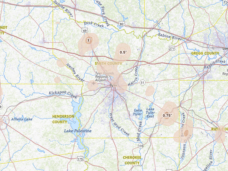 Radar-estimated hail-size map of the storm over Tyler, TX on Jul 7, 2026
