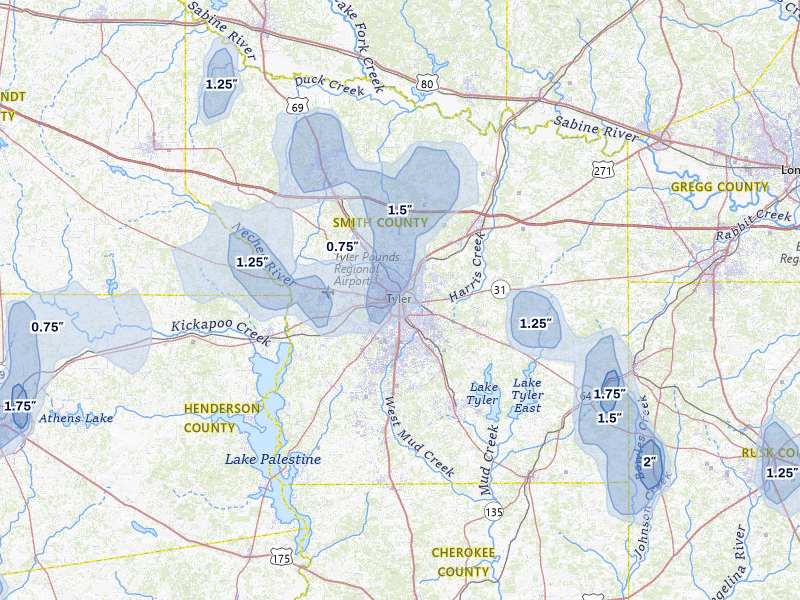 NEXRAD radar-signature map of the hail storm over Tyler, TX on Jul 7, 2026