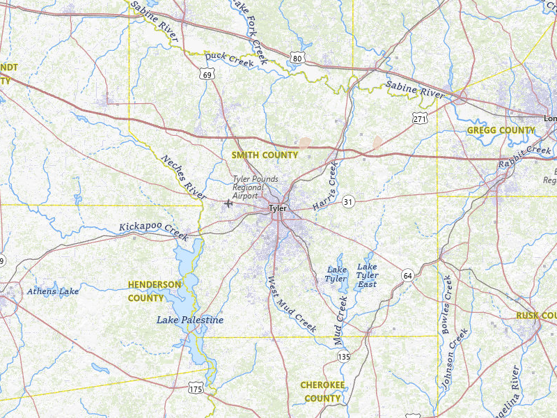 Radar-estimated hail-size map of the storm over Tyler, TX on Jul 16, 2026
