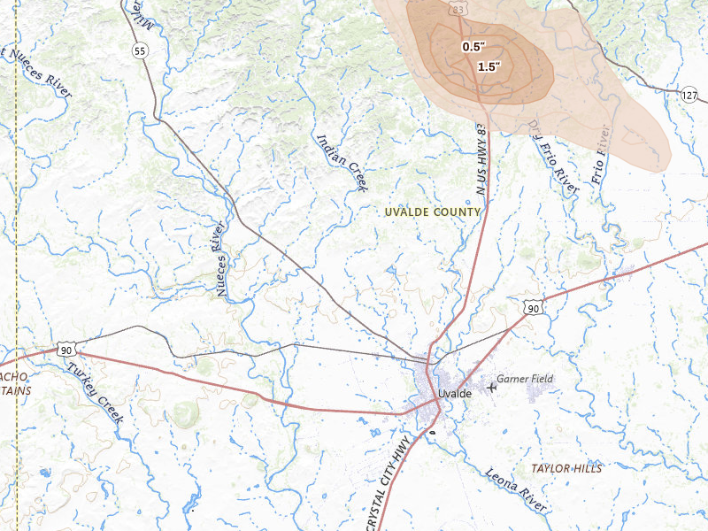 Radar-estimated hail-size map of the storm over Uvalde, TX on Apr 29, 2026