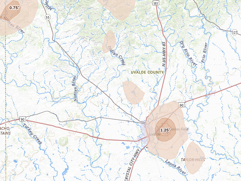 Radar-estimated hail-size map of the storm over Uvalde, TX on May 19, 2026