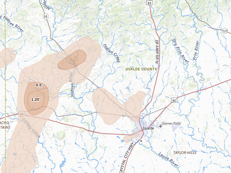 Radar-estimated hail-size map of the storm over Uvalde, TX on May 26, 2026