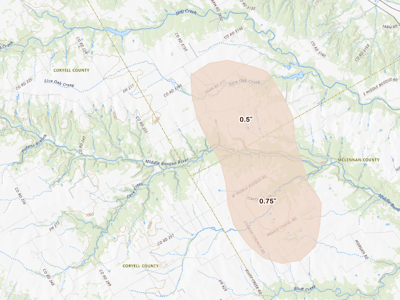 Radar-estimated hail-size map of the storm over Valley Mills, TX