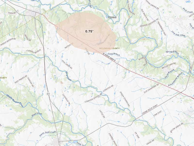Radar-estimated hail-size map of the storm over Valley Mills, TX