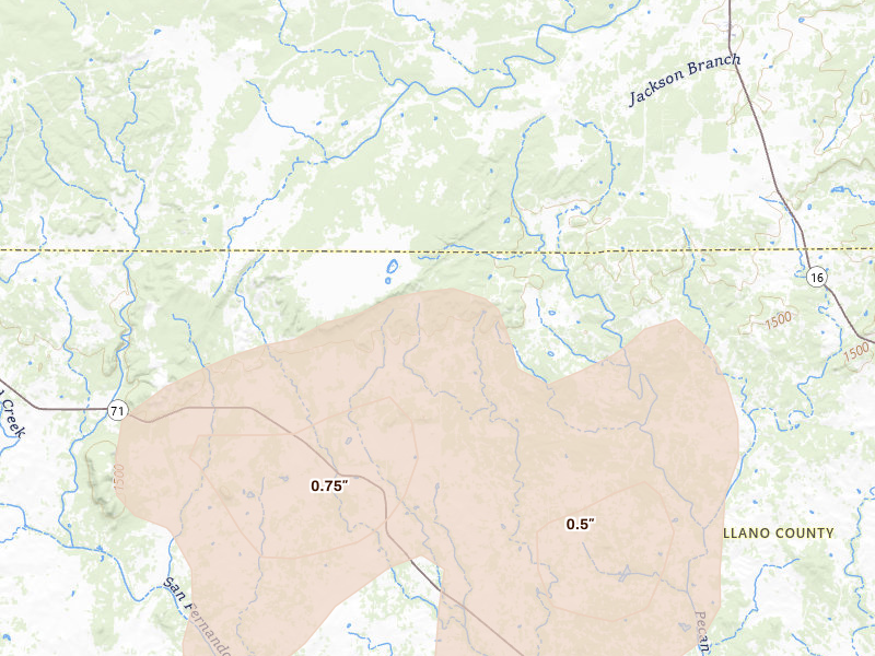 Radar-estimated hail-size map of the storm over Valley Spring, TX on Mar 4, 2026