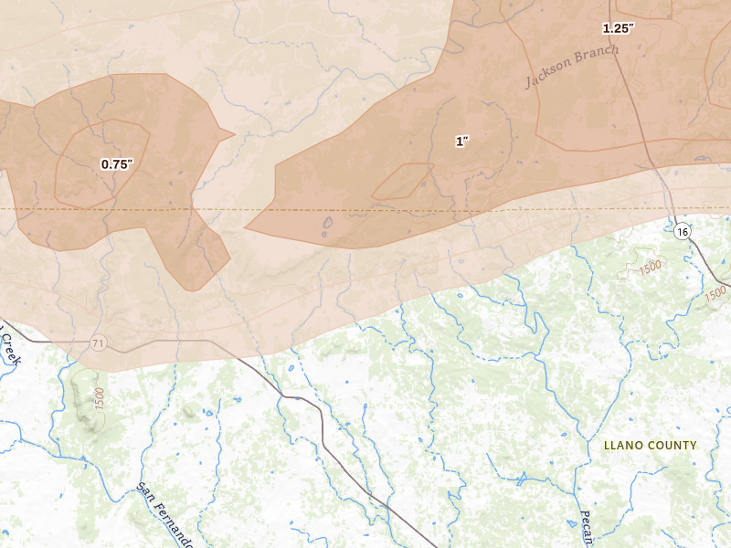 Radar-estimated hail-size map of the storm over Valley Spring, TX on Apr 12, 2026