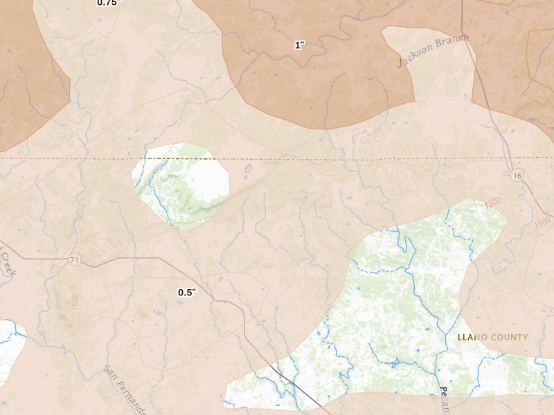 Radar-estimated hail-size map of the storm over Valley Spring, TX on May 10, 2026