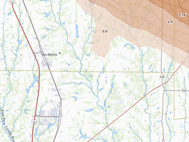 Radar-estimated hail-size map of the storm over Van Alstyne, TX on Apr 25, 2026