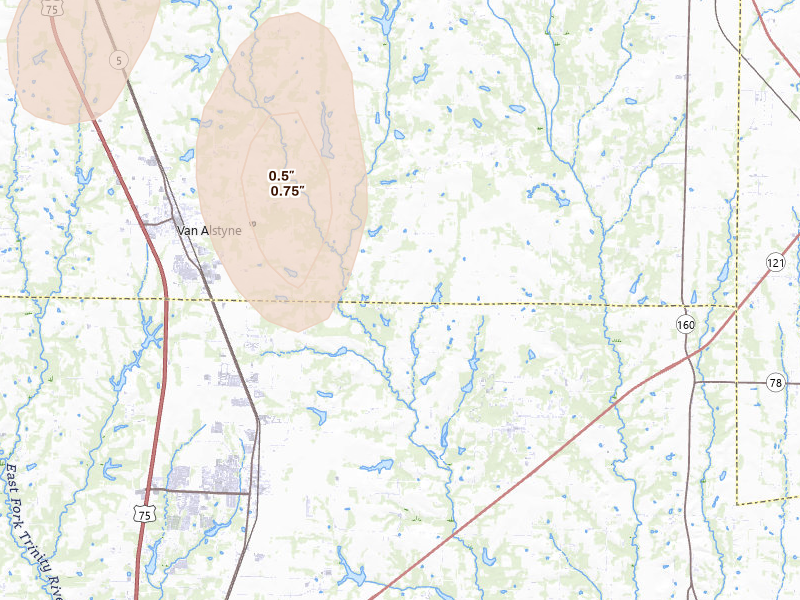 Radar-estimated hail-size map of the storm over Van Alstyne, TX on May 22, 2026
