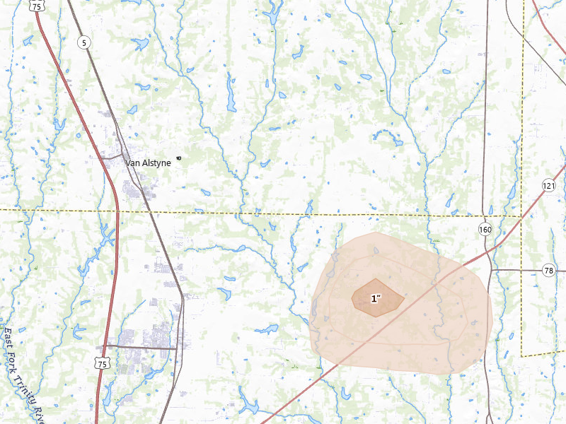 Radar-estimated hail-size map of the storm over Van Alstyne, TX on Jul 6, 2026