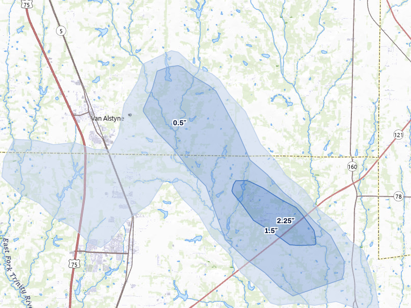 NEXRAD radar-signature map of the hail storm over Van Alstyne, TX on Jul 6, 2026