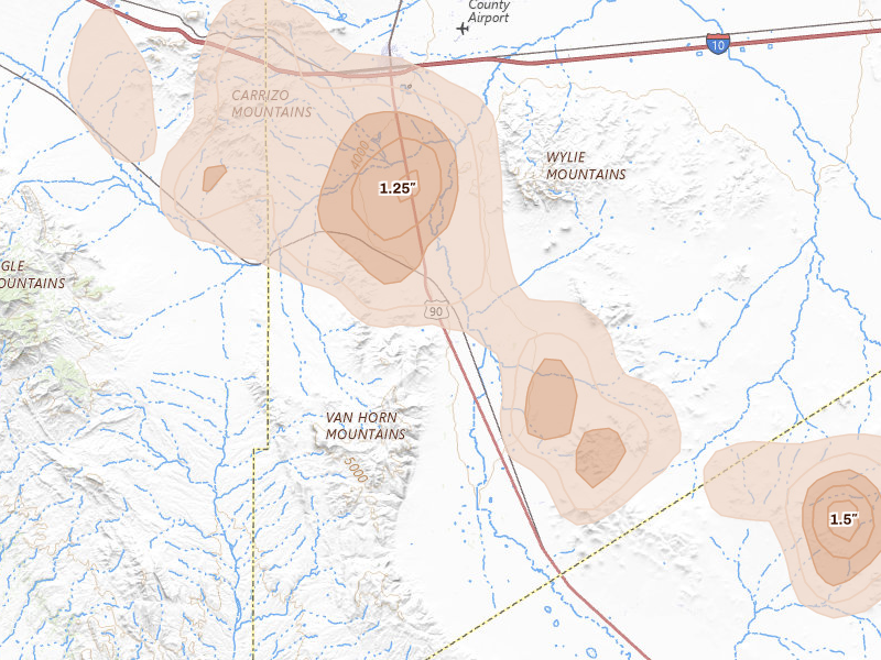 Radar-estimated hail-size map of the storm over Van Horn, TX on Jun 2, 2026
