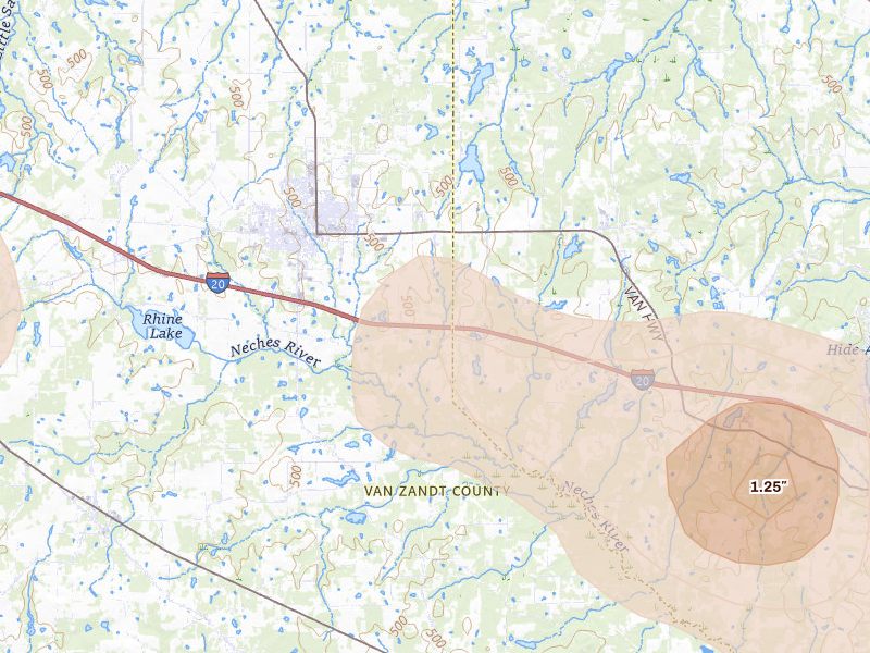 Radar-estimated hail-size map of the storm over Van, TX on Jun 2, 2026