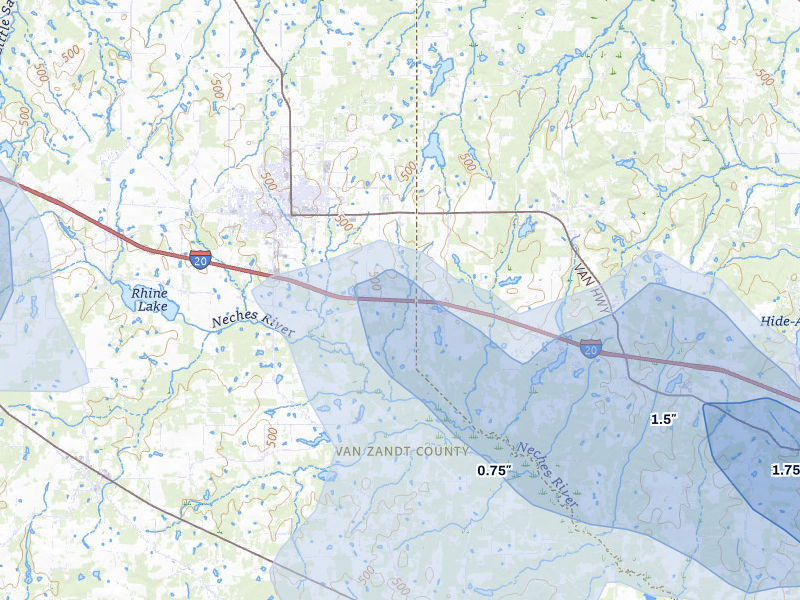 NEXRAD radar-signature map of the hail over Van, TX