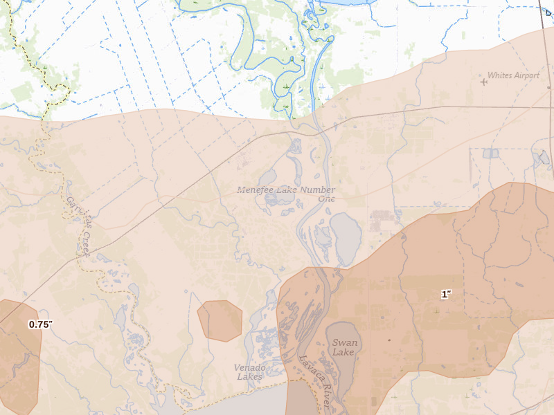 Radar-estimated hail-size map of the storm over Vanderbilt, TX on May 1, 2026