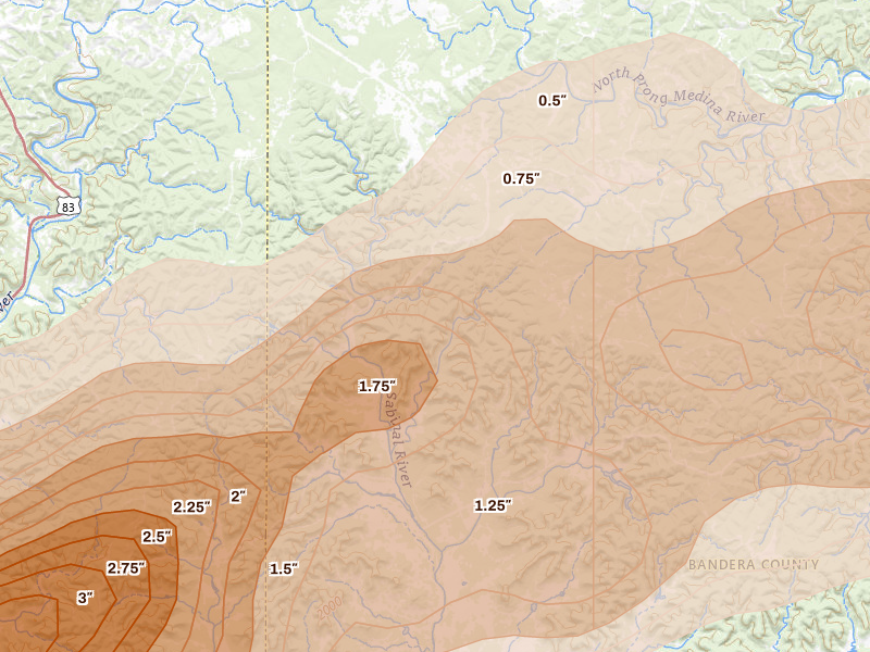 Radar-estimated hail-size map of the storm over Vanderpool, TX on Mar 10, 2026