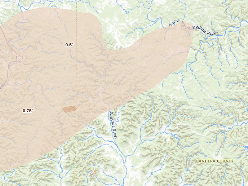 Radar-estimated hail-size map of the storm over Vanderpool, TX on Apr 14, 2026