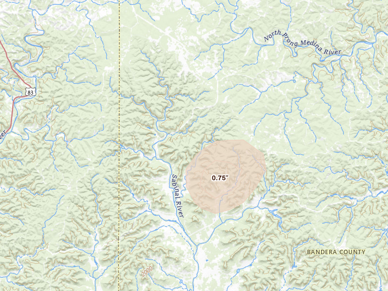Radar-estimated hail-size map of the storm over Vanderpool, TX on Jul 13, 2026