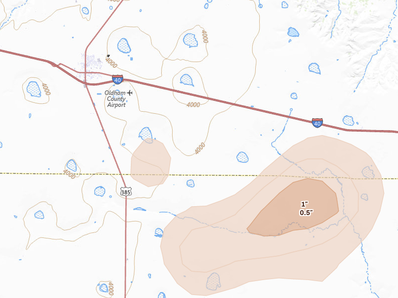 Radar-estimated hail-size map of the storm over Vega, TX on Jun 24, 2026