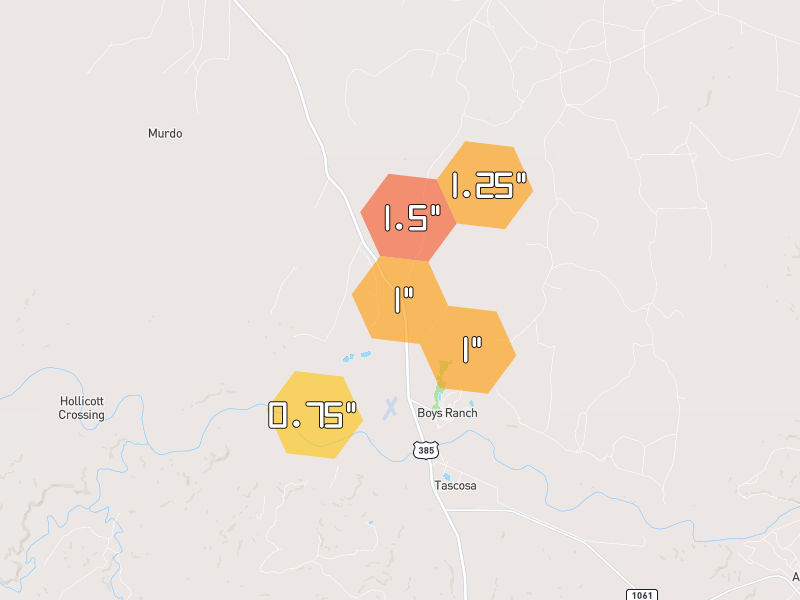 Hail map of Vega, TX on Jul 1, 2026, hail up to 1.5"